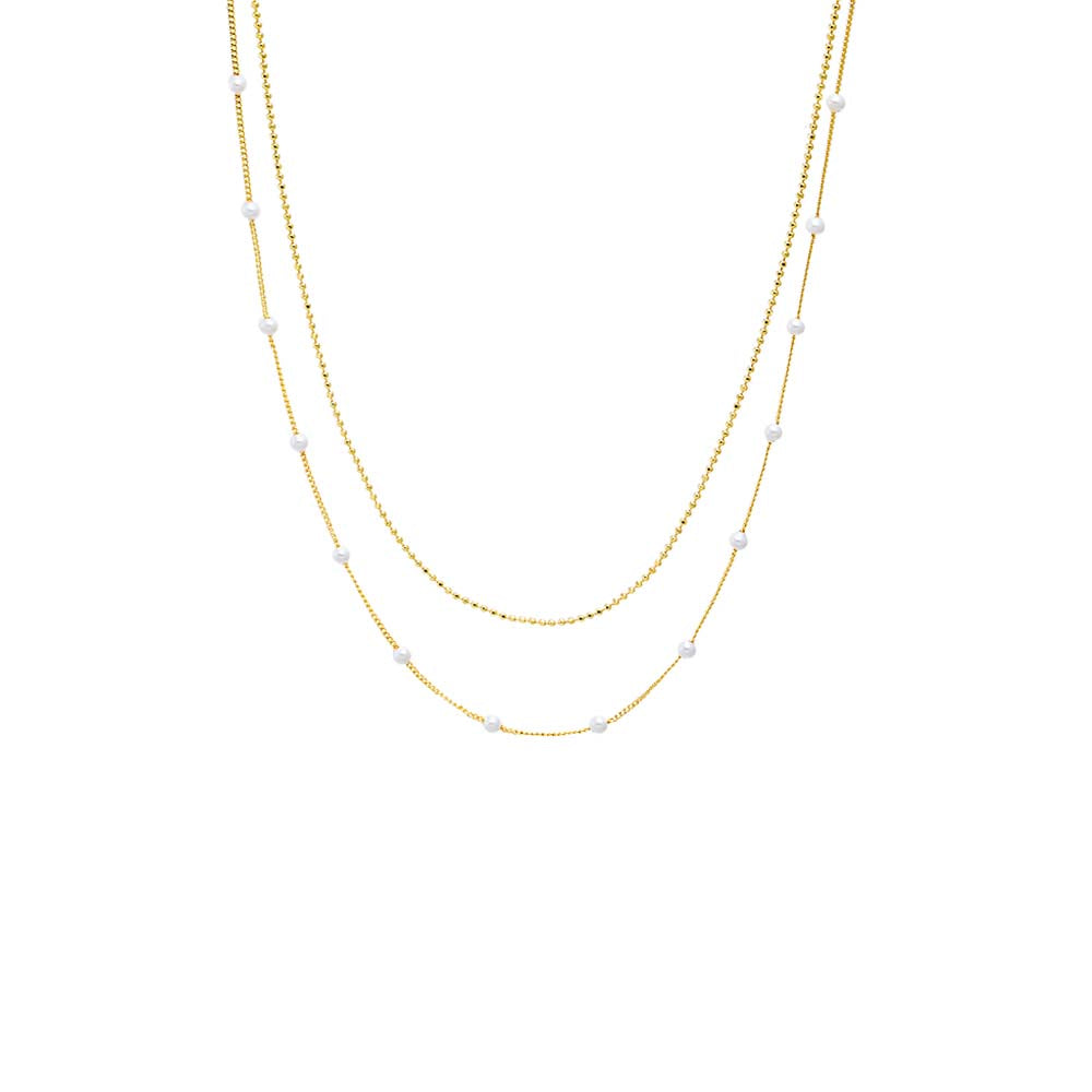 Double Strand Pearl X Ball Chain Necklace