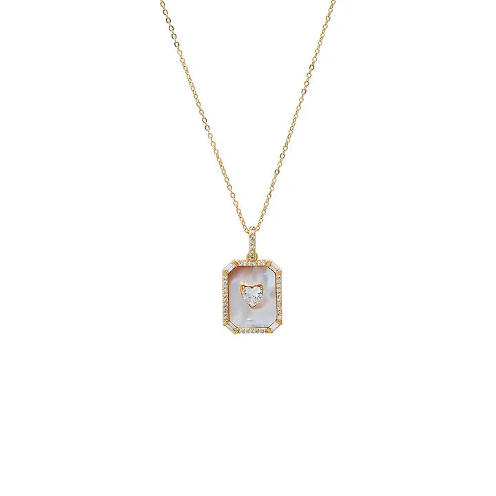 Colored Heart CZ & Mother Of Pearl Dog Tag Necklace