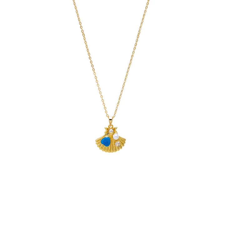 Turquoise, Pearl & CZ Seashell Pendant Necklace